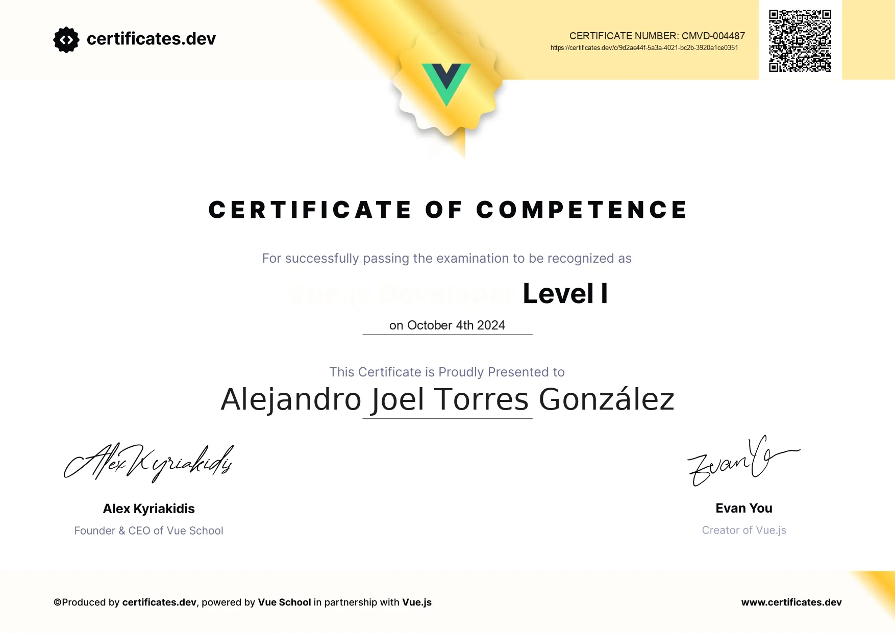 Alejandro Torres Vue.js certification.